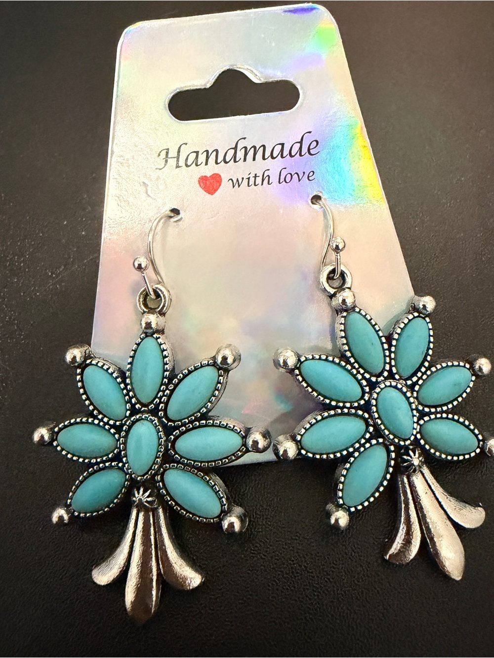 Handmade Turquoise Flower Drop Earrings - Silver Tone